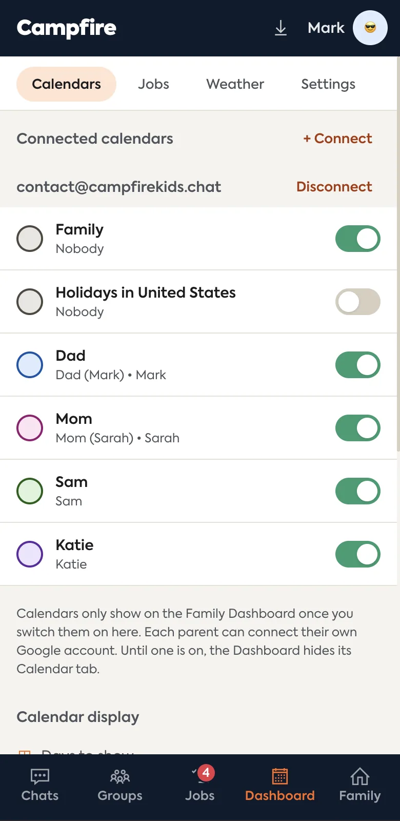 Connecting Google calendars and choosing which ones show on the family display