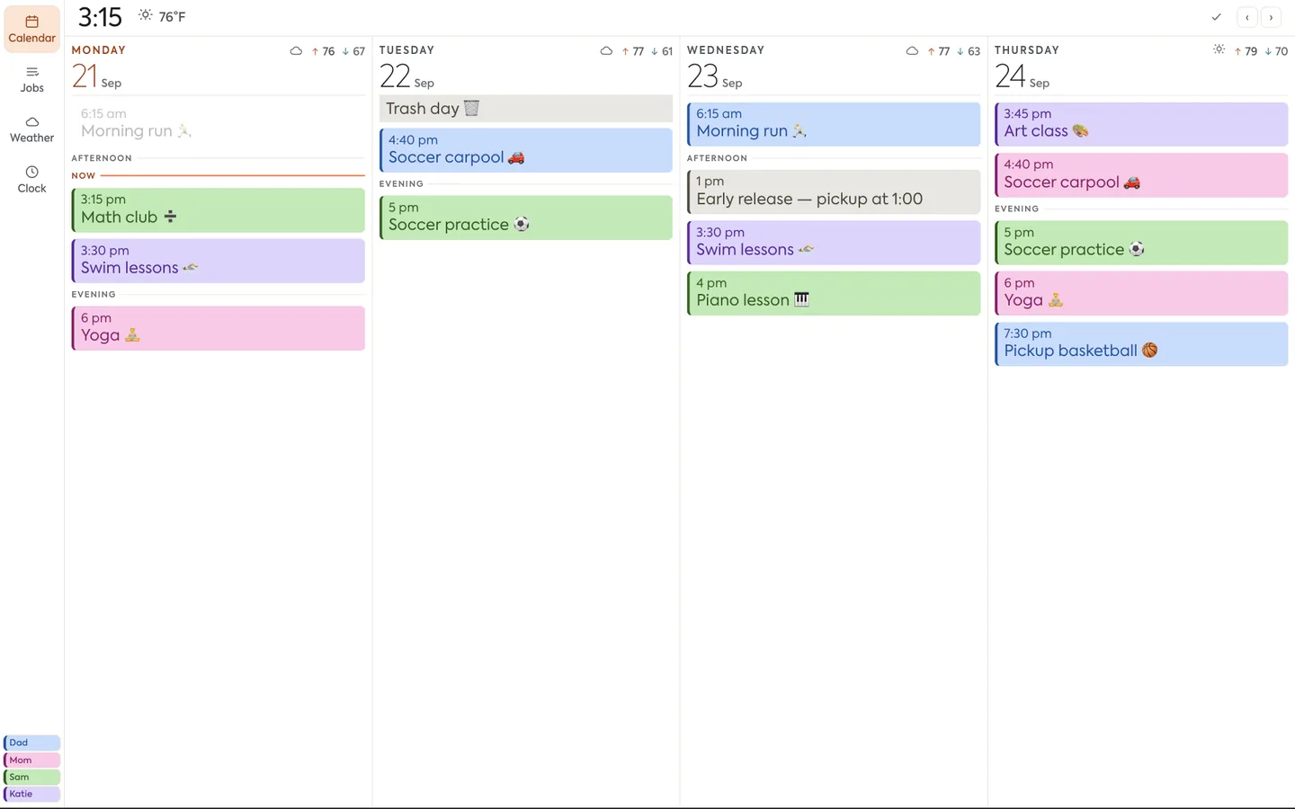 Family wall calendar on a kitchen tablet with each person's events in their own color