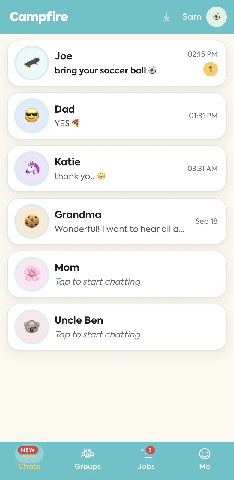 Campfire Kids chat list with only parent-approved contacts