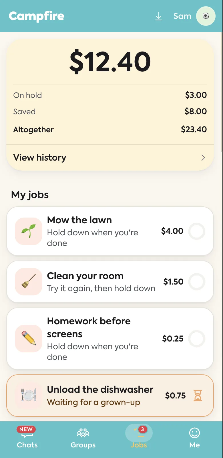 Kids chore app showing a balance of $12.40 and today's jobs