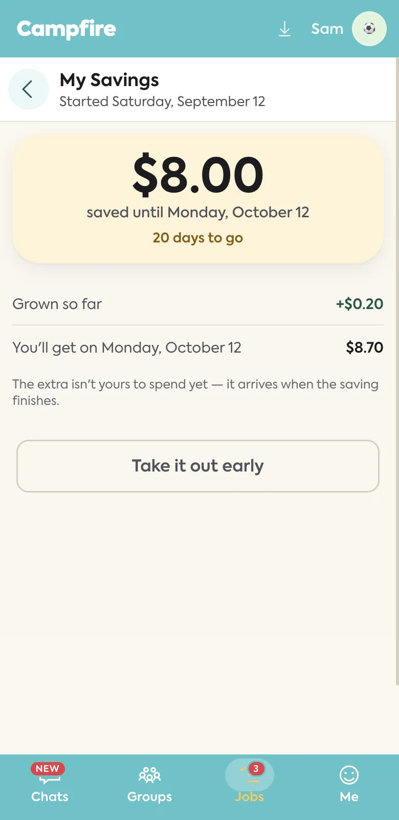 Kids saving screen showing $8.00 saved and growing, with days left to go
