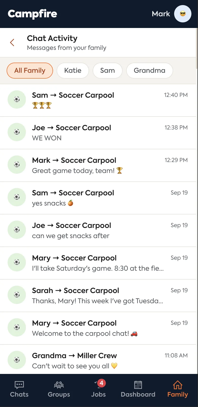 Parent activity feed showing every conversation in the family