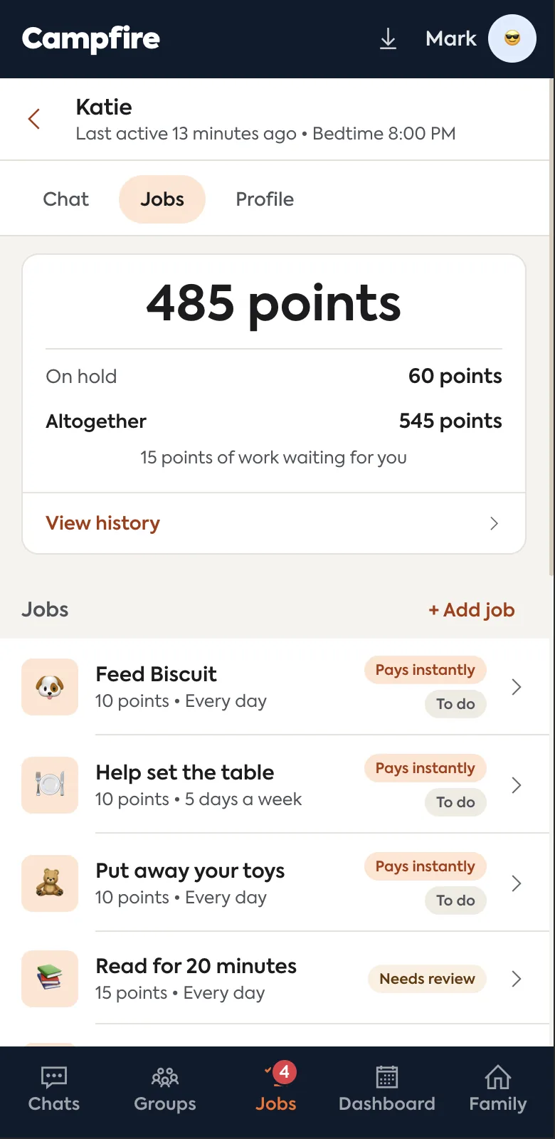 Parent chore chart for one child, with points for each job and how often it repeats