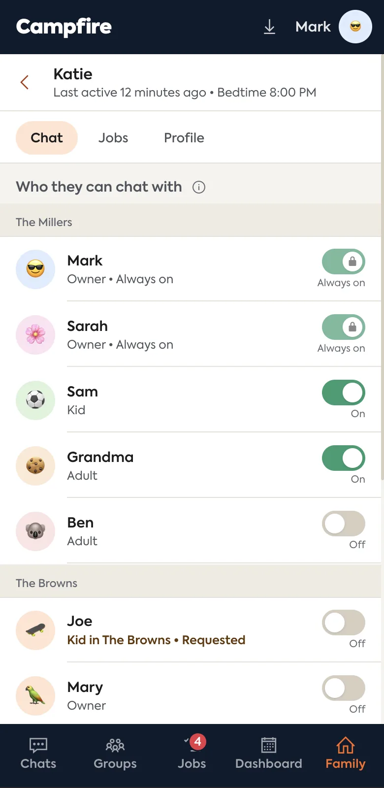 Parental controls: choosing which contacts a child can chat with