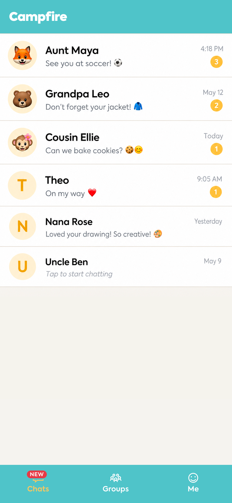 Kids app — clean conversation list with Dad, Mom, Bing Bong, Zara