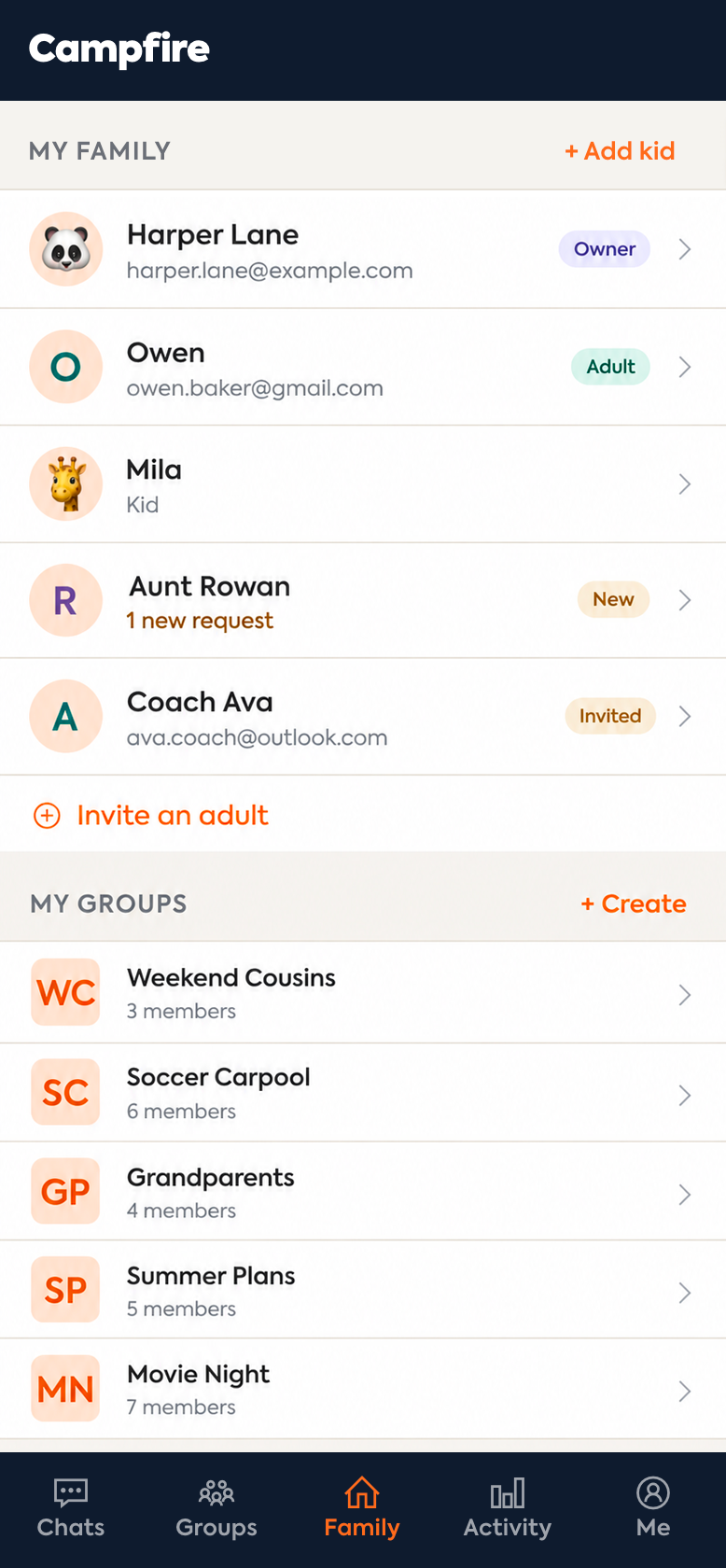 Campfire parent app — family members list