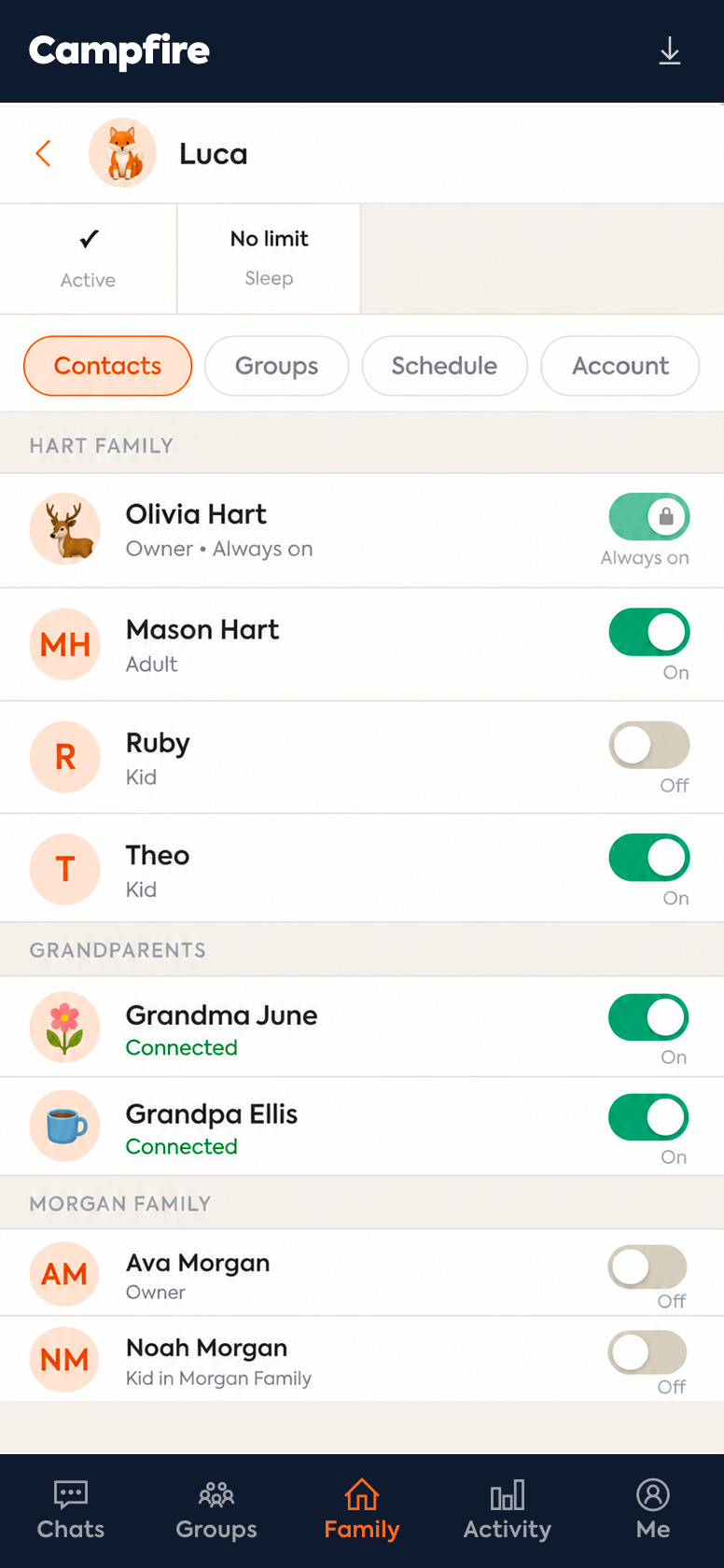 Parent app — contacts list for one child with toggle switches